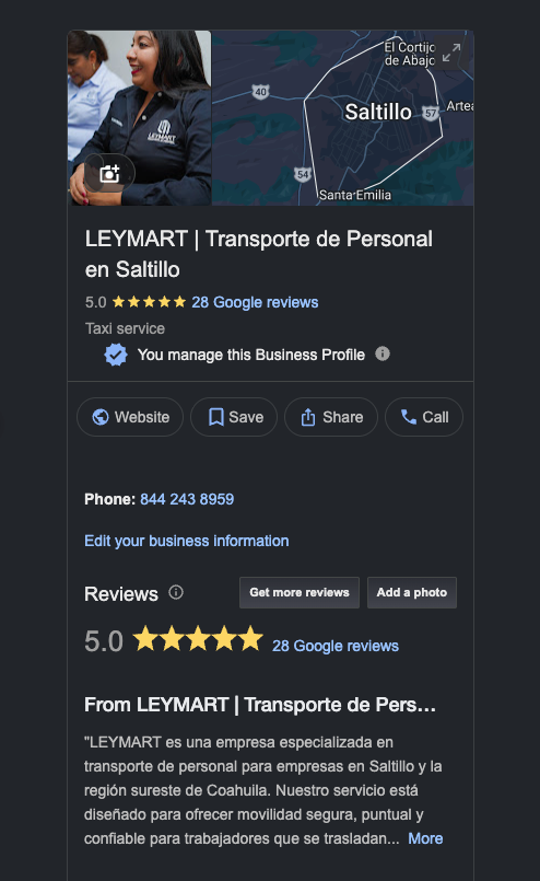 Perfil de Google de Leymart con reseñas de clientes