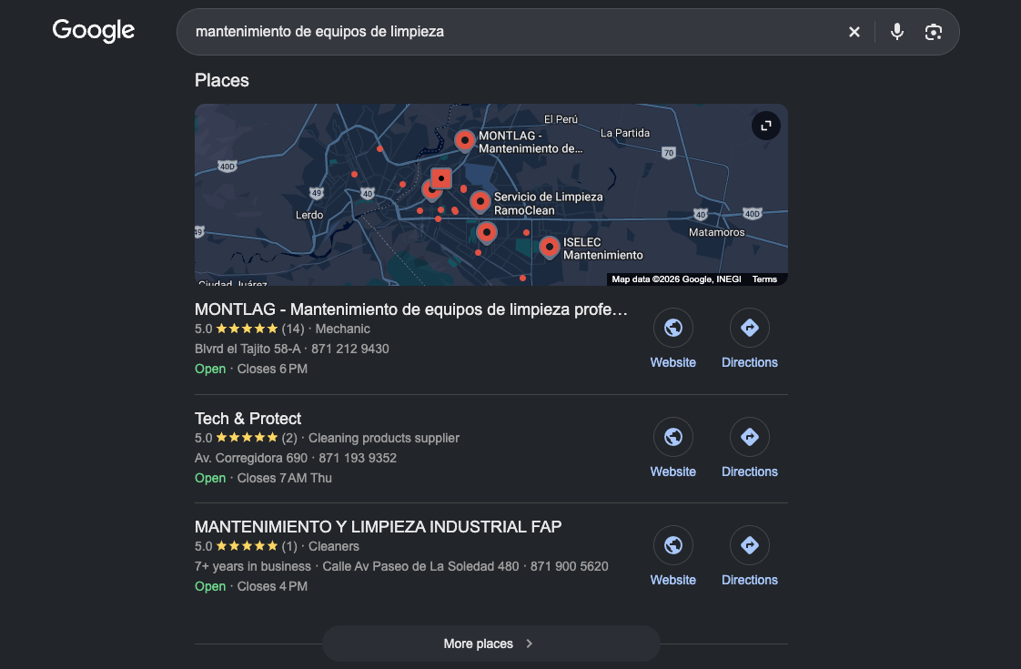 Resultado real de búsqueda local en Google Maps con MONTLAG entre los primeros lugares